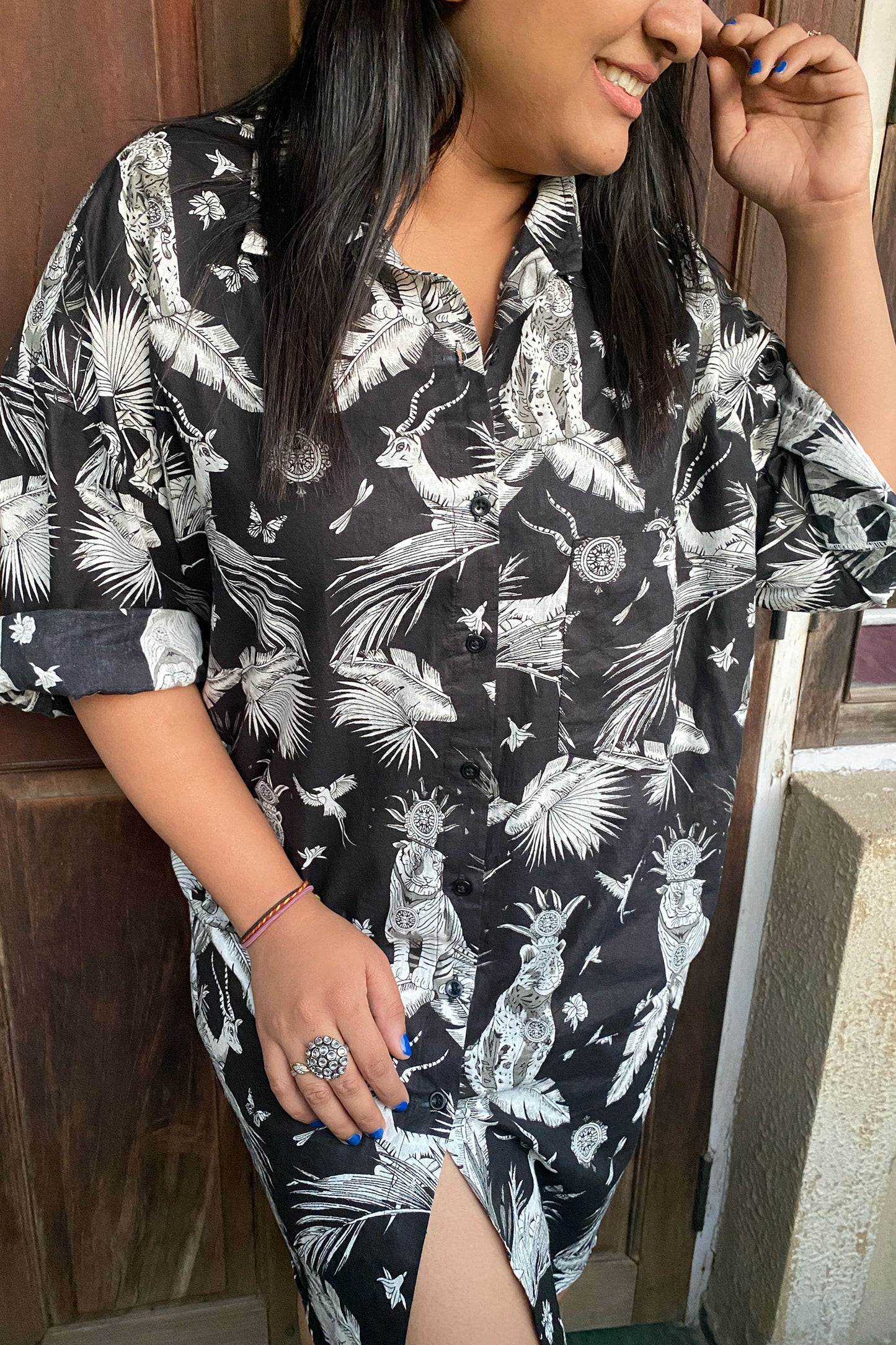 Black Jungle Print Oversized Shirt