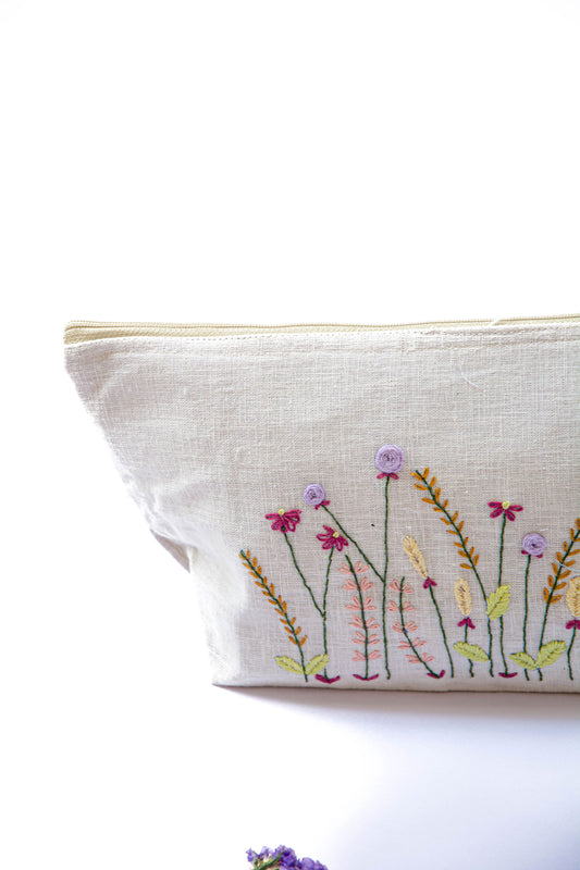 Maroon & Lavender Meadow Embroidery Multi Purpose Big Pouch