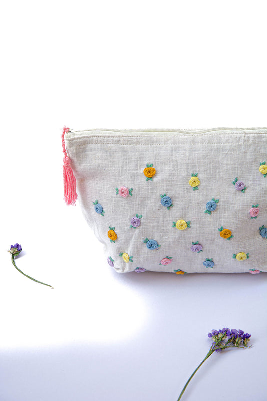 Pastel Roses Embroidery Multi Purpose Big Pouch