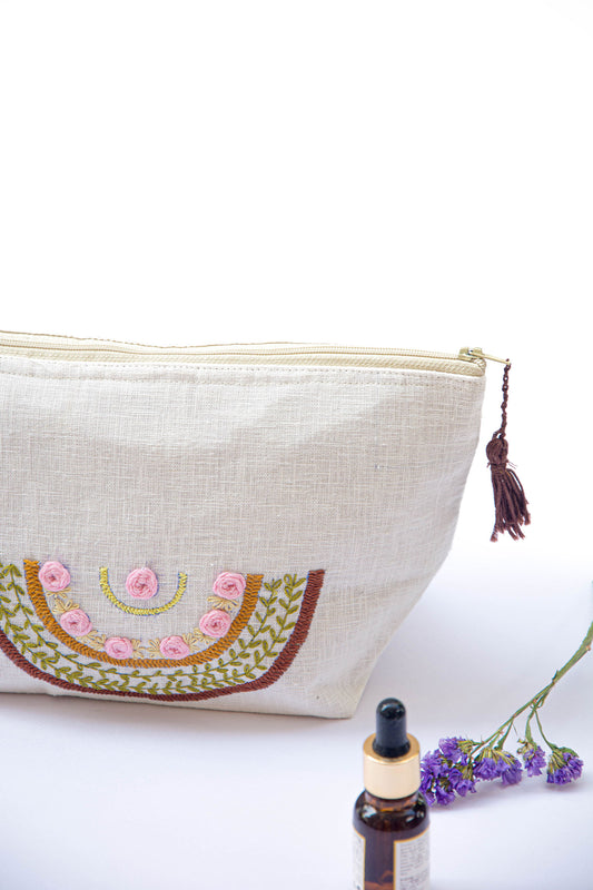 Rainbow with Baby Pink Roses Embroidery Multi Purpose Big Pouch