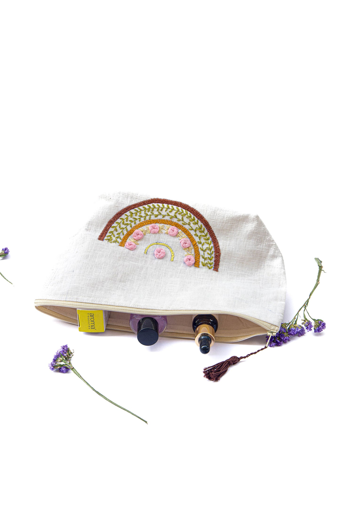 Rainbow with Baby Pink Roses Embroidery Multi Purpose Big Pouch