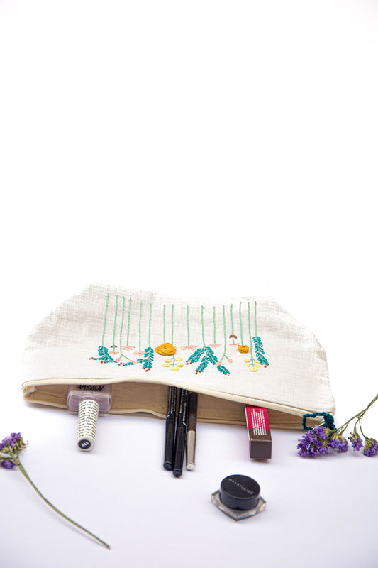 Aqua Meadow Embroidery Multi Purpose Big Pouch