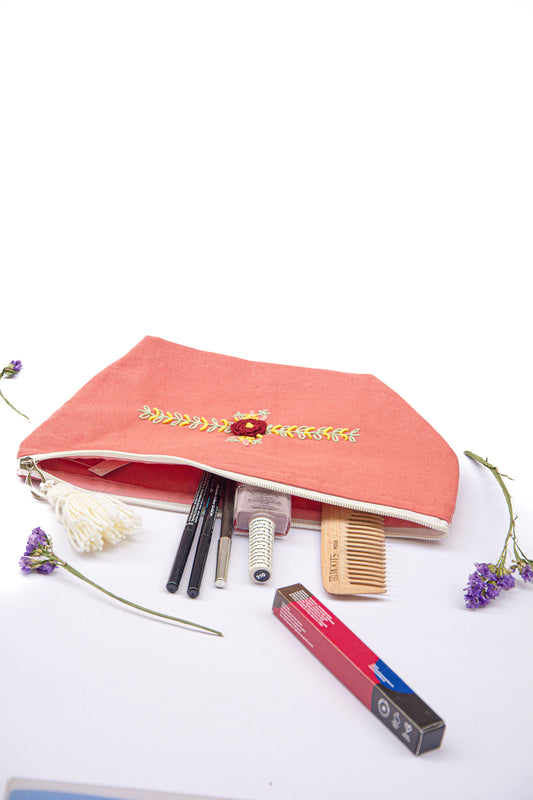 Coral Pink Maroon Rose Embroidery Multi Purpose Big Pouch