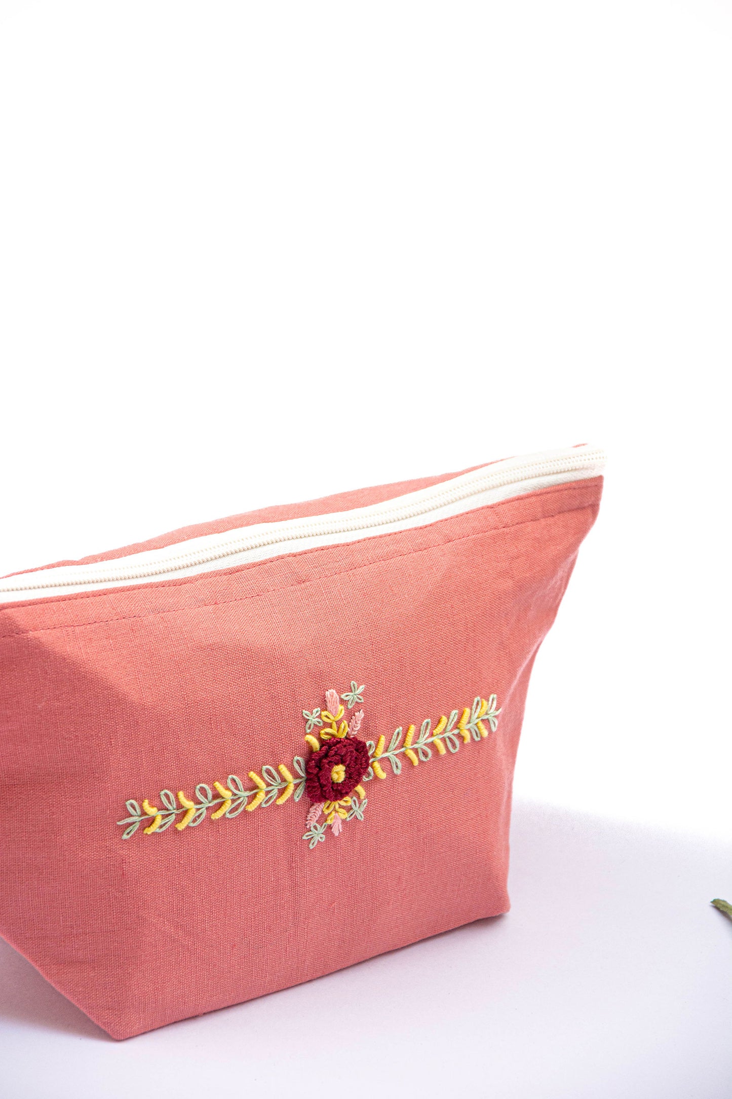 Coral Pink Maroon Rose Embroidery Multi Purpose Big Pouch