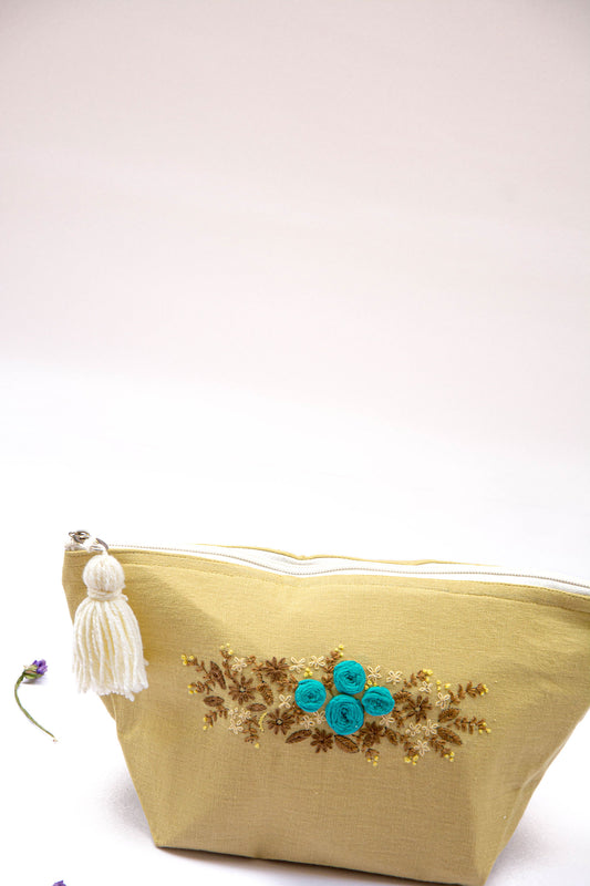 Sugar Cookie Aqua Floral Embroidery Multi Purpose Big Pouch