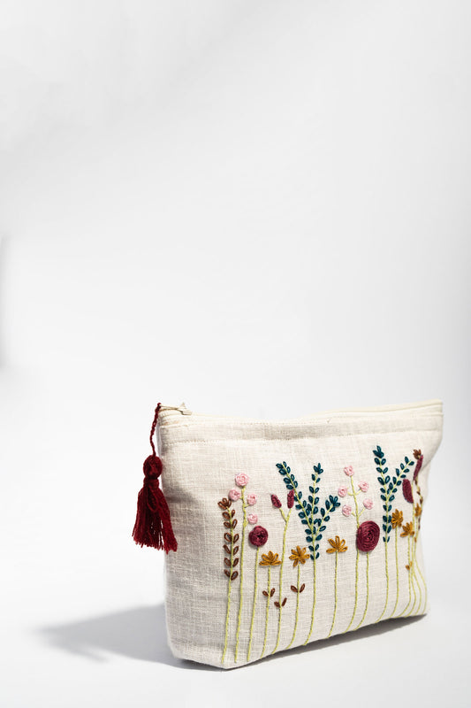 Maroon Wildflowers Embroidery Multi Purpose Small Pouch