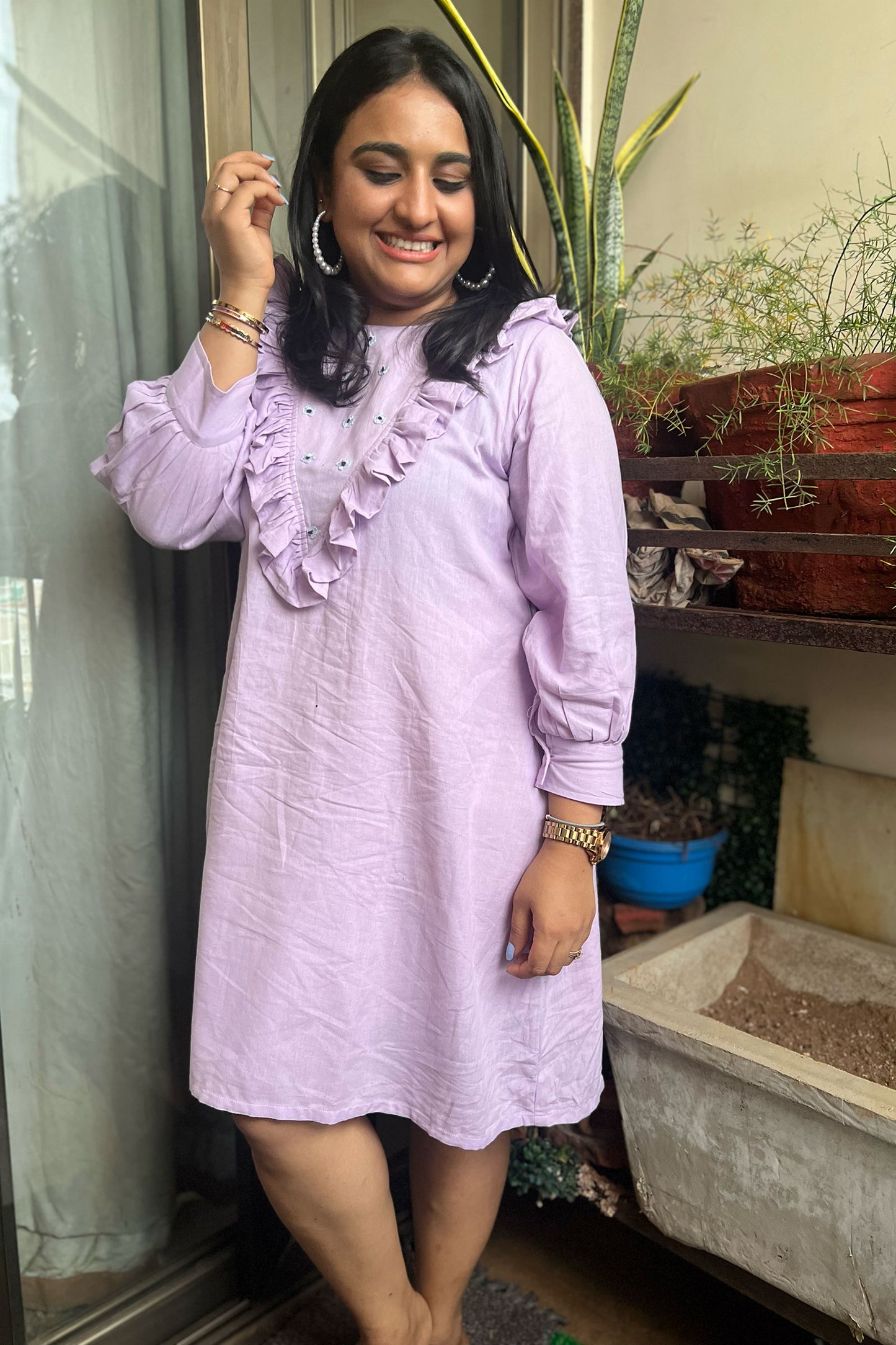 Lilac Frilled Floal Embroidered Dress