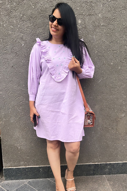 Lilac Frilled Floal Embroidered Dress