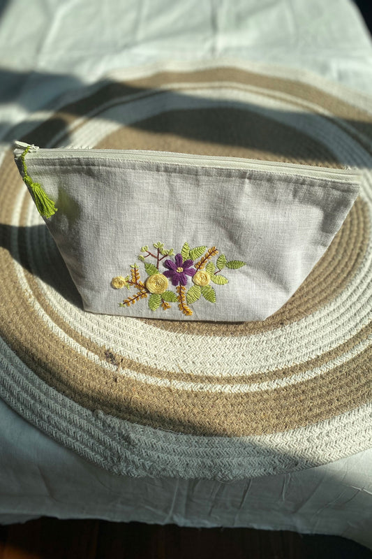 Purple Flower Embroidery Multi Purpose Big Pouch