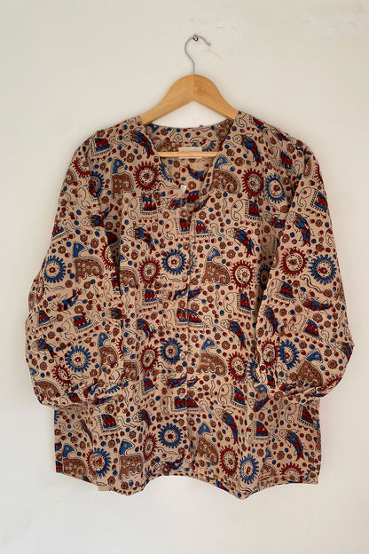 Traditional Elephant Print V-neck Shirt