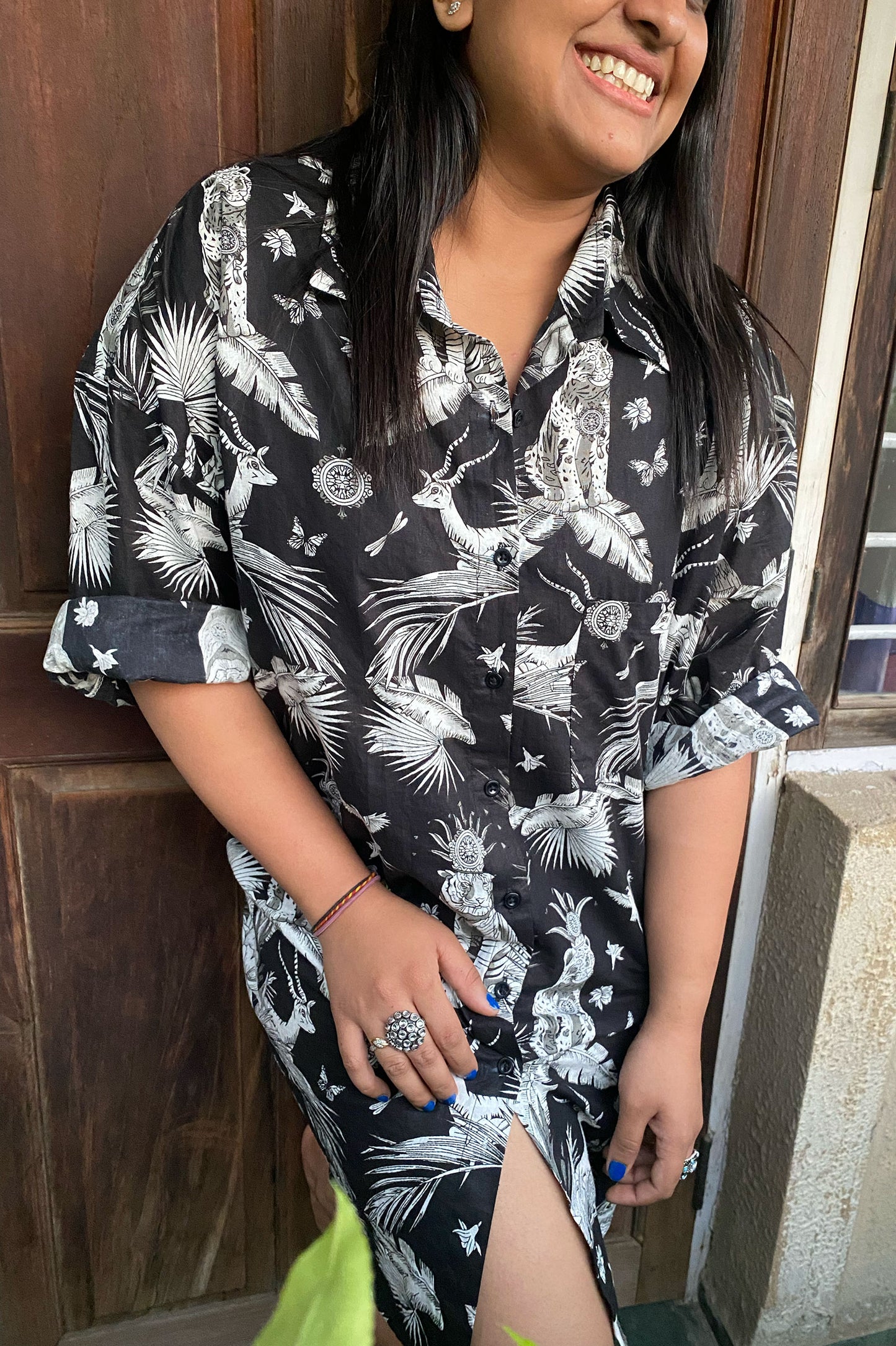 Black Jungle Print Oversized Shirt