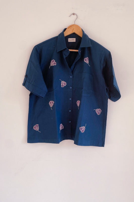 Navy Blue Gingko Leaves Embroidery Shirt (Unisex)