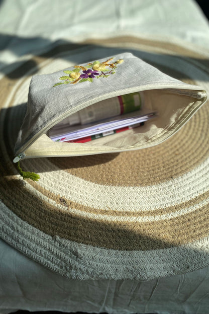 Purple Flower Embroidery Multi Purpose Big Pouch