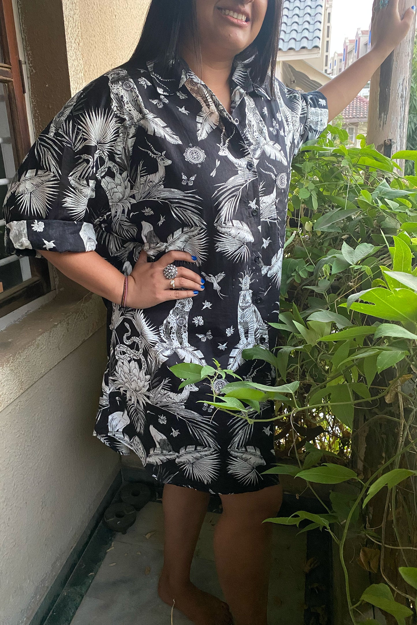 Black Jungle Print Oversized Shirt