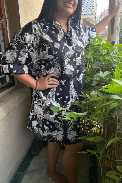 Black Jungle Print Oversized Shirt
