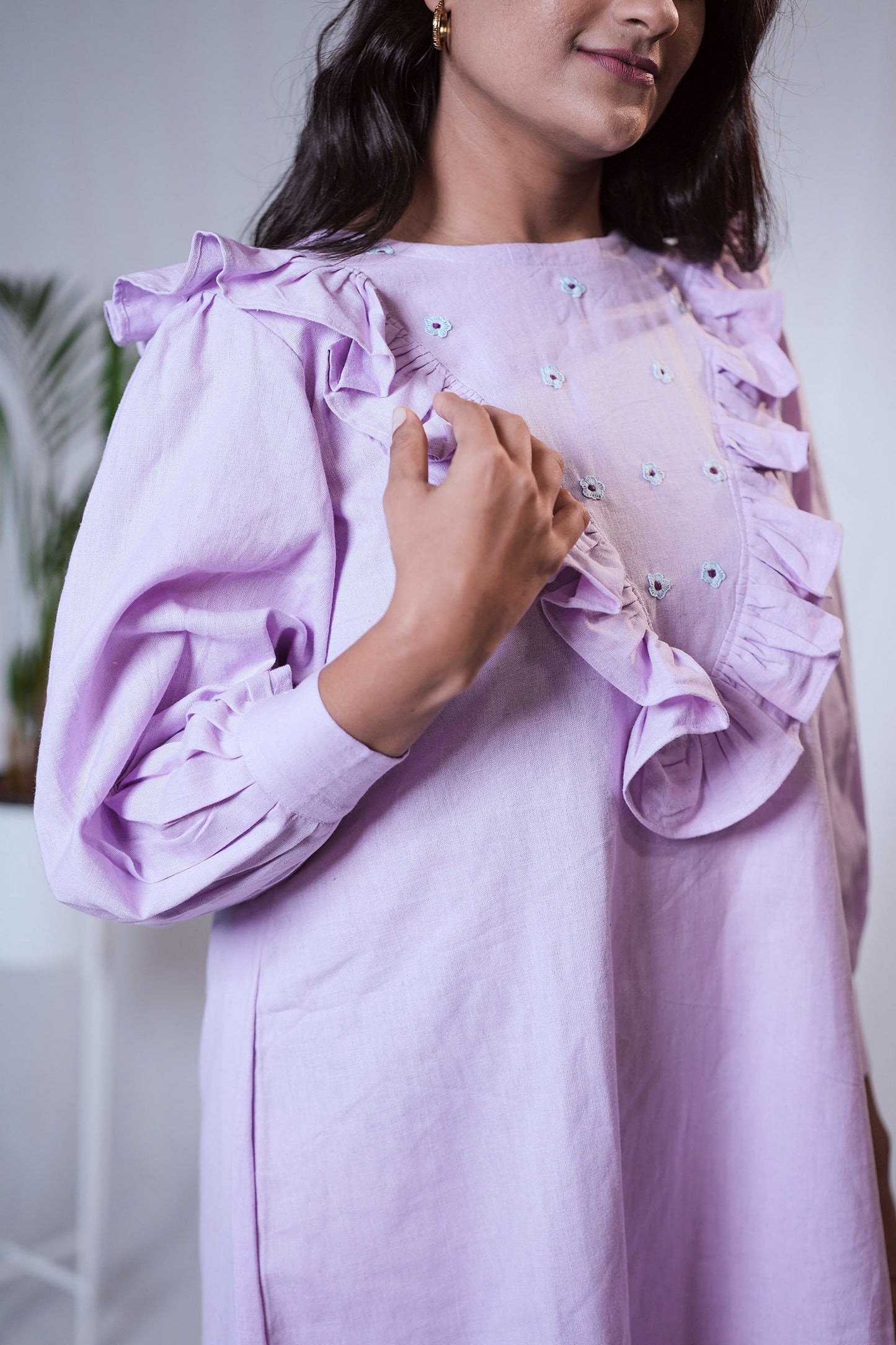 Lilac Frilled Floal Embroidered Dress