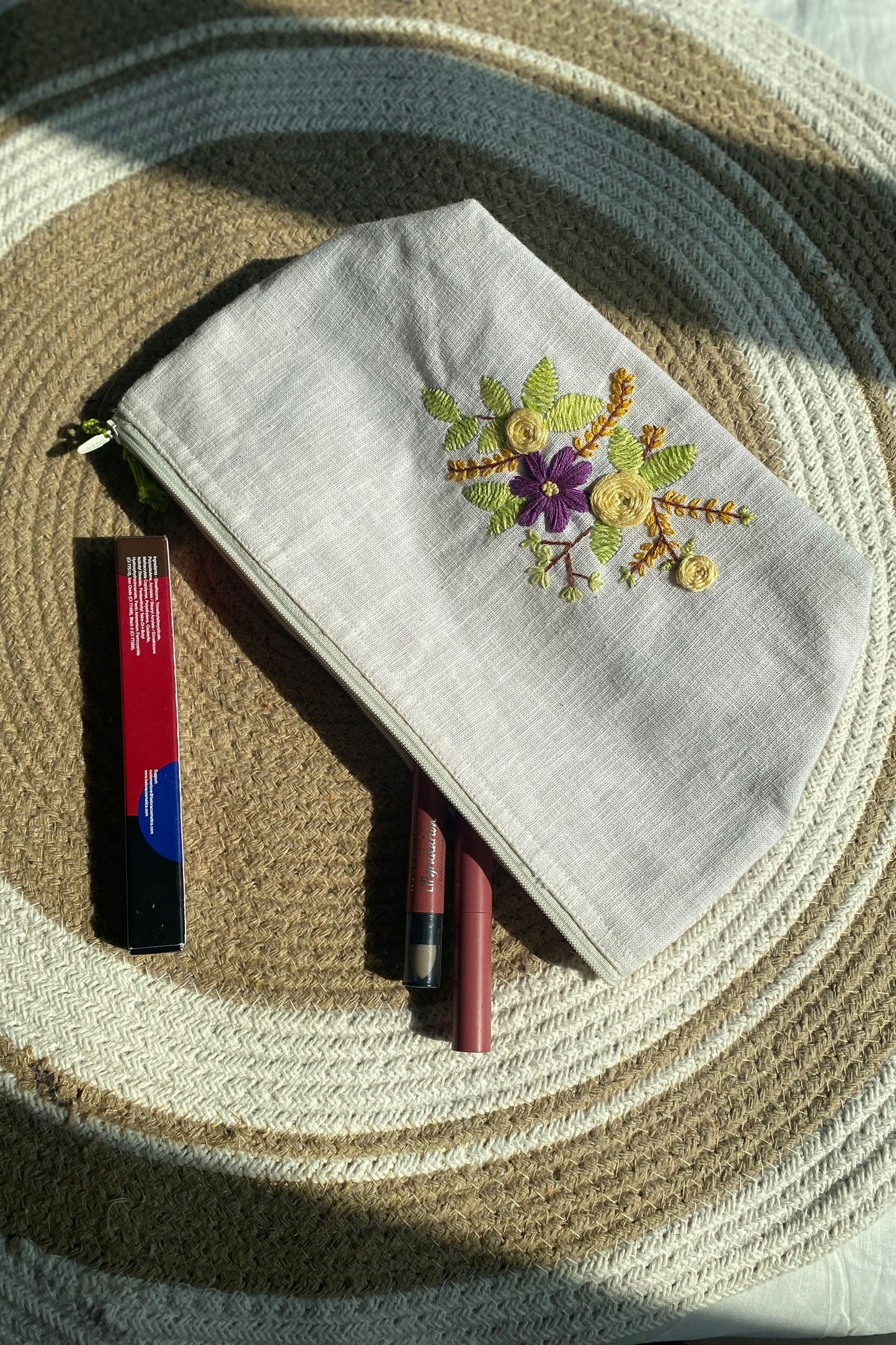 Purple Flower Embroidery Multi Purpose Big Pouch