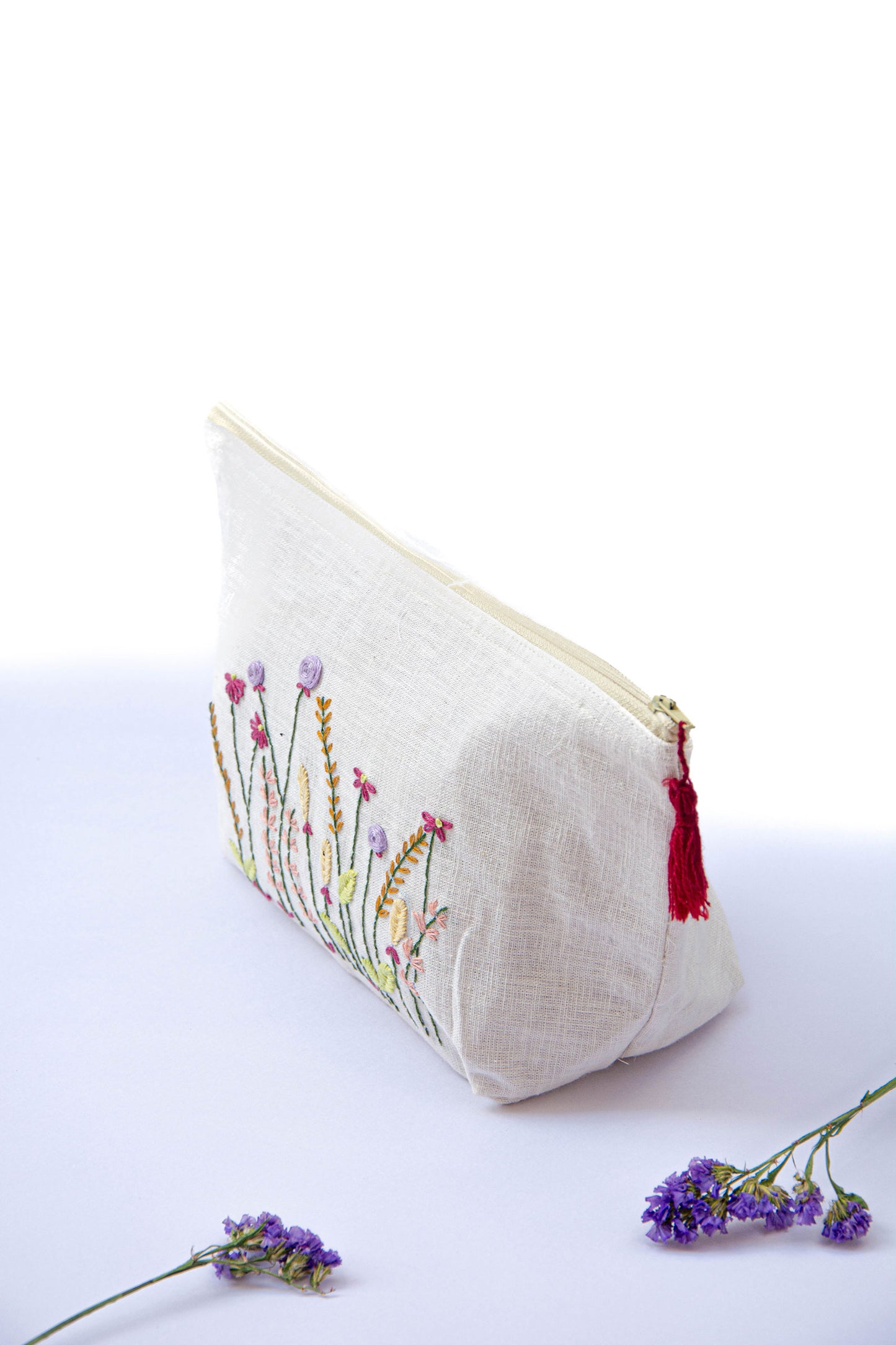 Maroon & Lavender Meadow Embroidery Multi Purpose Big Pouch