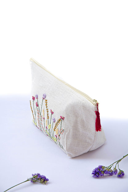 Maroon & Lavender Meadow Embroidery Multi Purpose Big Pouch