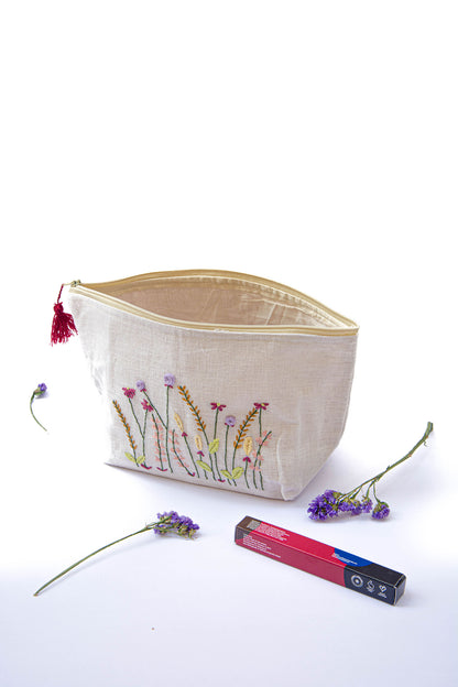Maroon & Lavender Meadow Embroidery Multi Purpose Big Pouch
