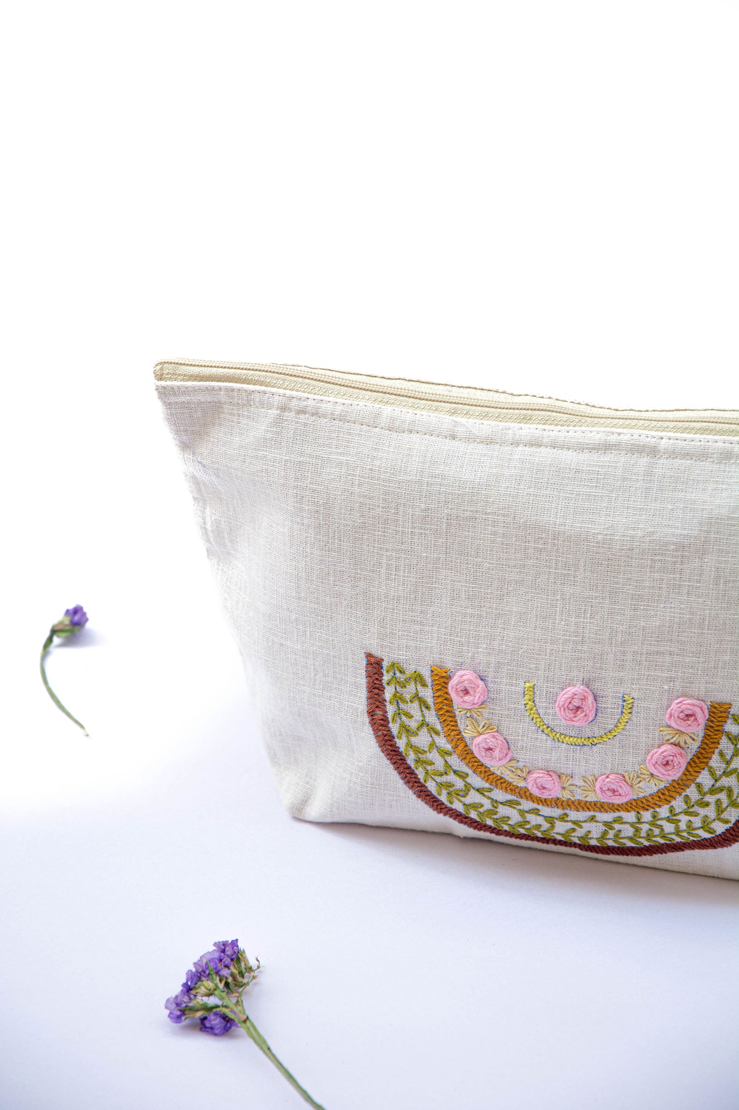 Rainbow with Baby Pink Roses Embroidery Multi Purpose Big Pouch