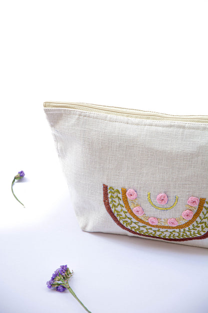 Rainbow with Baby Pink Roses Embroidery Multi Purpose Big Pouch