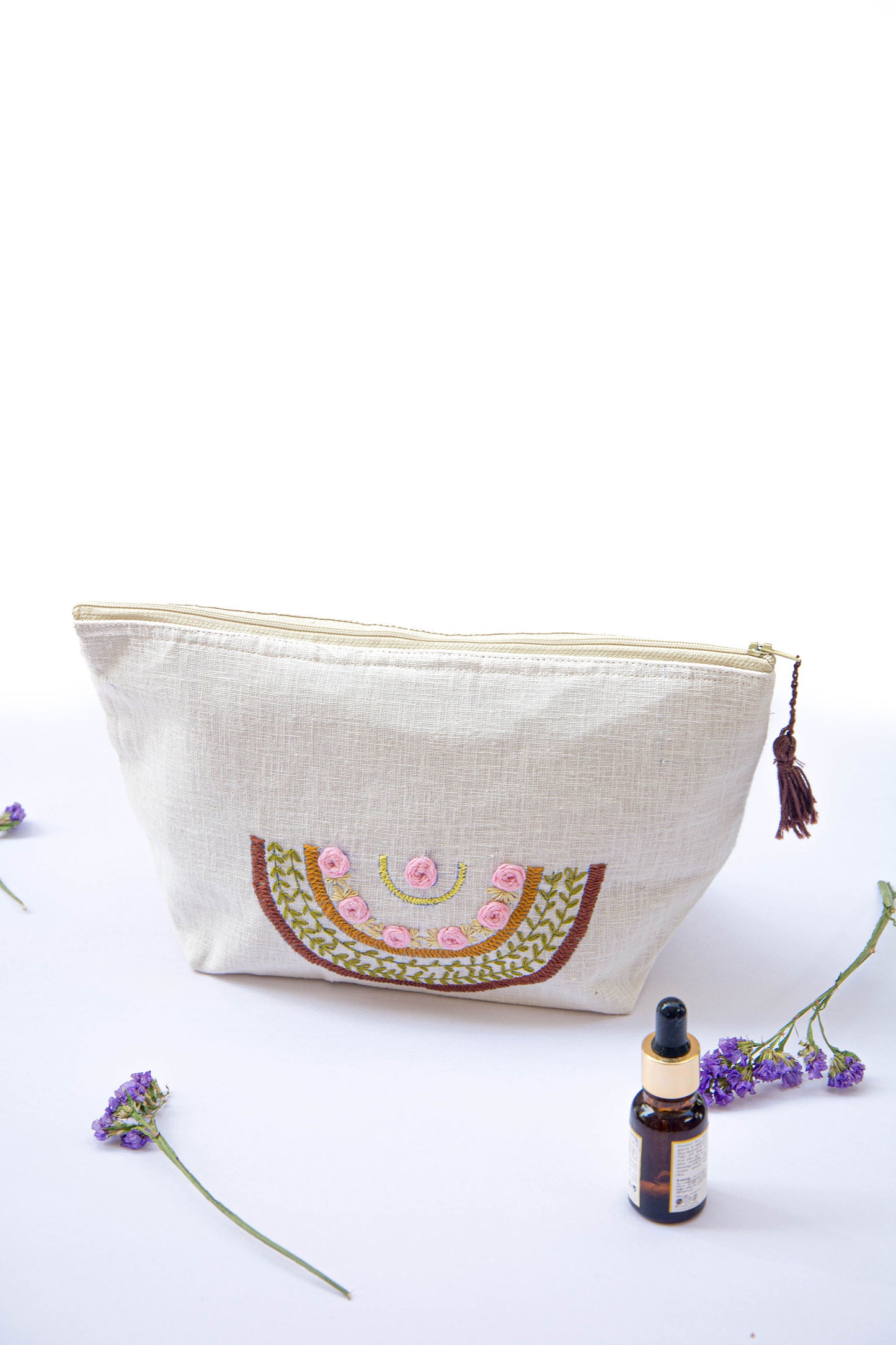 Rainbow with Baby Pink Roses Embroidery Multi Purpose Big Pouch