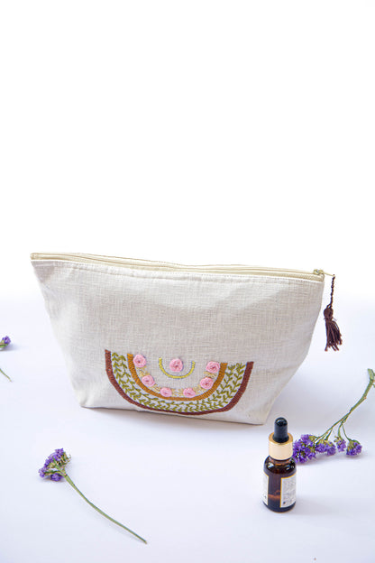 Rainbow with Baby Pink Roses Embroidery Multi Purpose Big Pouch