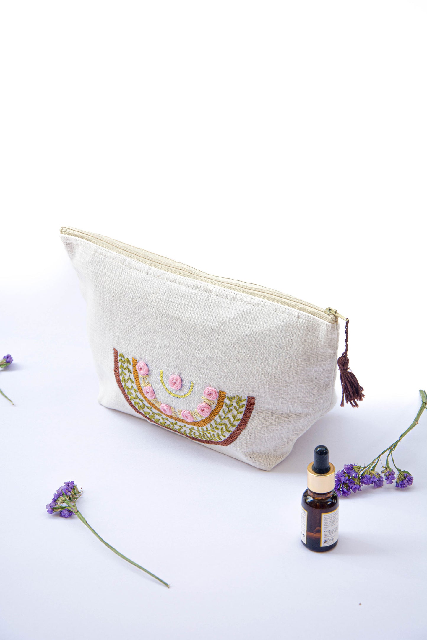 Rainbow with Baby Pink Roses Embroidery Multi Purpose Big Pouch