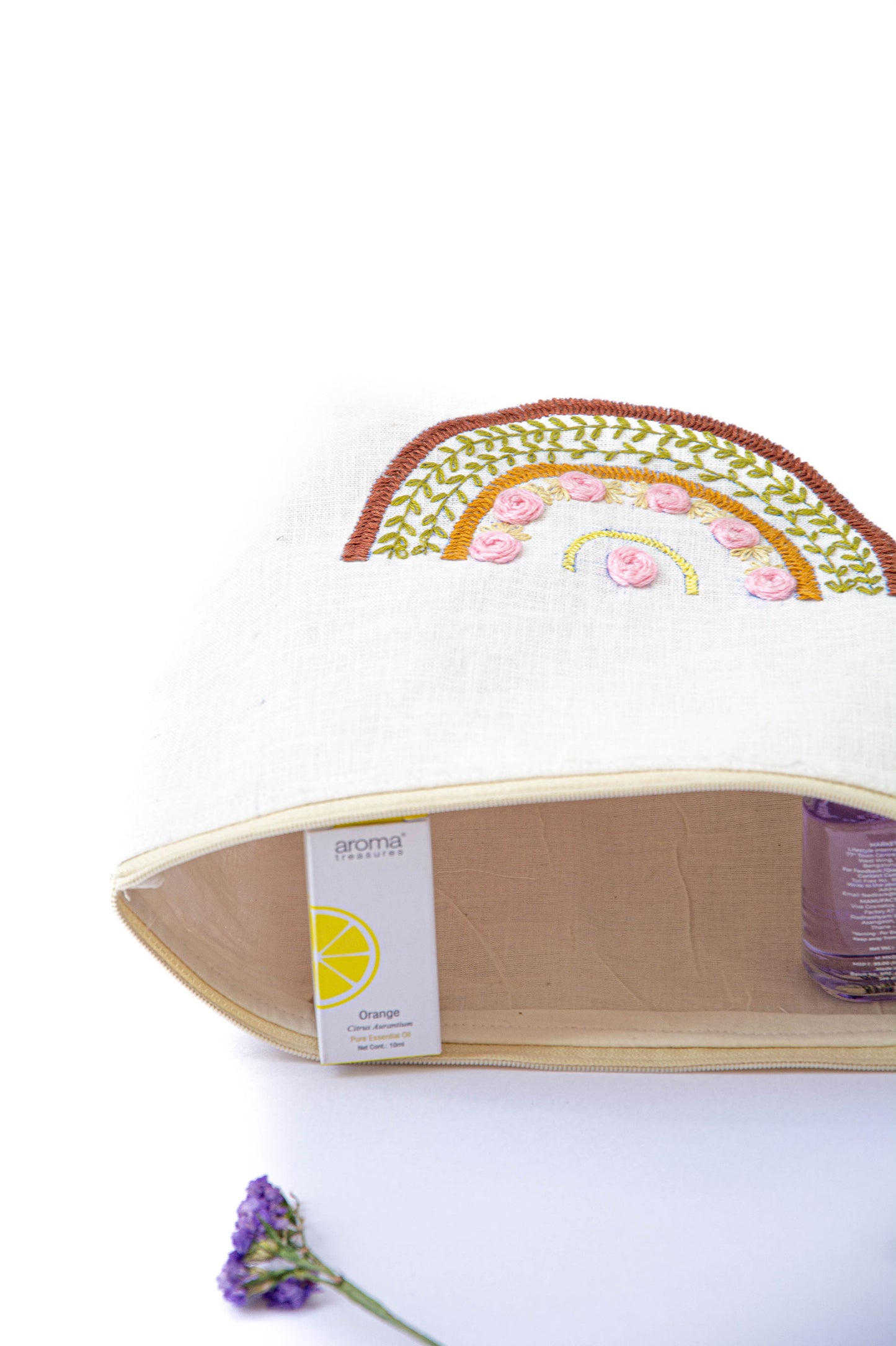 Rainbow with Baby Pink Roses Embroidery Multi Purpose Big Pouch