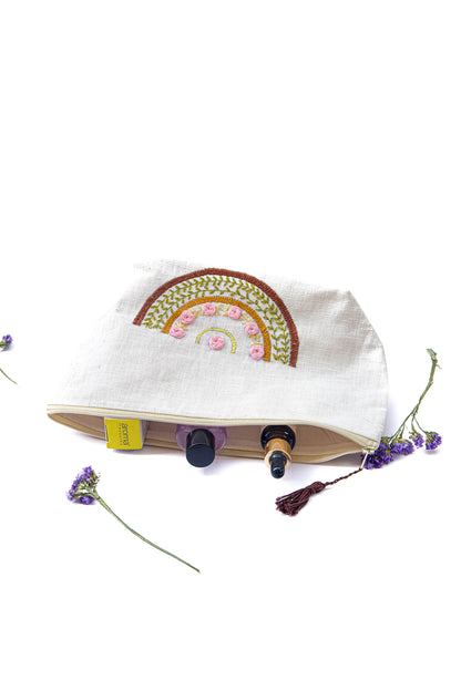 Rainbow with Baby Pink Roses Embroidery Multi Purpose Big Pouch