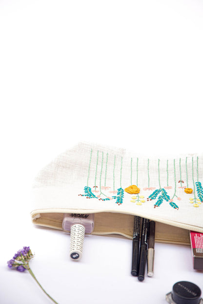 Aqua Meadow Embroidery Multi Purpose Big Pouch