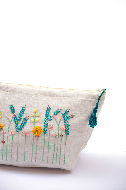 Aqua Meadow Embroidery Multi Purpose Big Pouch