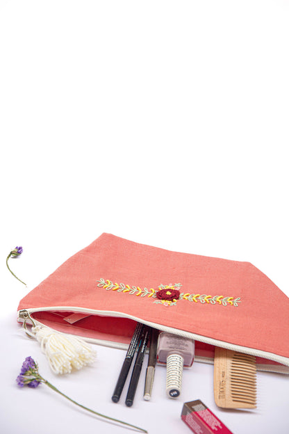 Coral Pink Maroon Rose Embroidery Multi Purpose Big Pouch