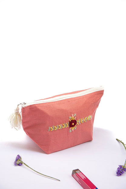Coral Pink Maroon Rose Embroidery Multi Purpose Big Pouch