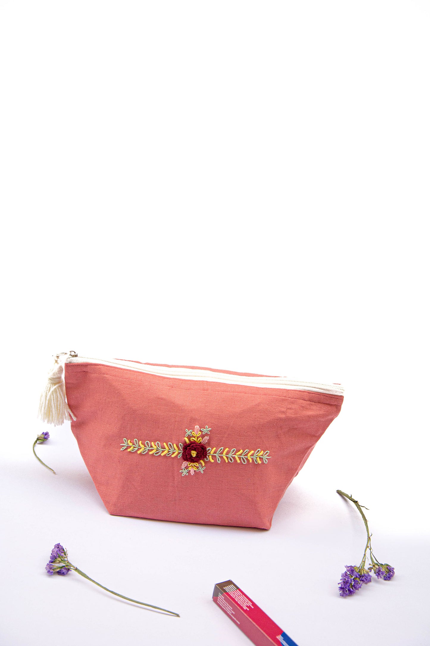Coral Pink Maroon Rose Embroidery Multi Purpose Big Pouch