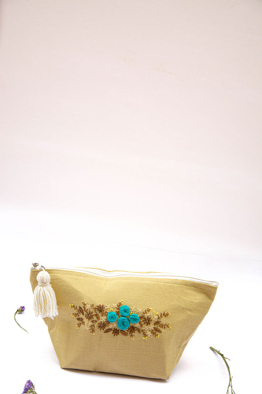 Sugar Cookie Aqua Floral Embroidery Multi Purpose Big Pouch