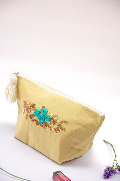 Sugar Cookie Aqua Floral Embroidery Multi Purpose Big Pouch