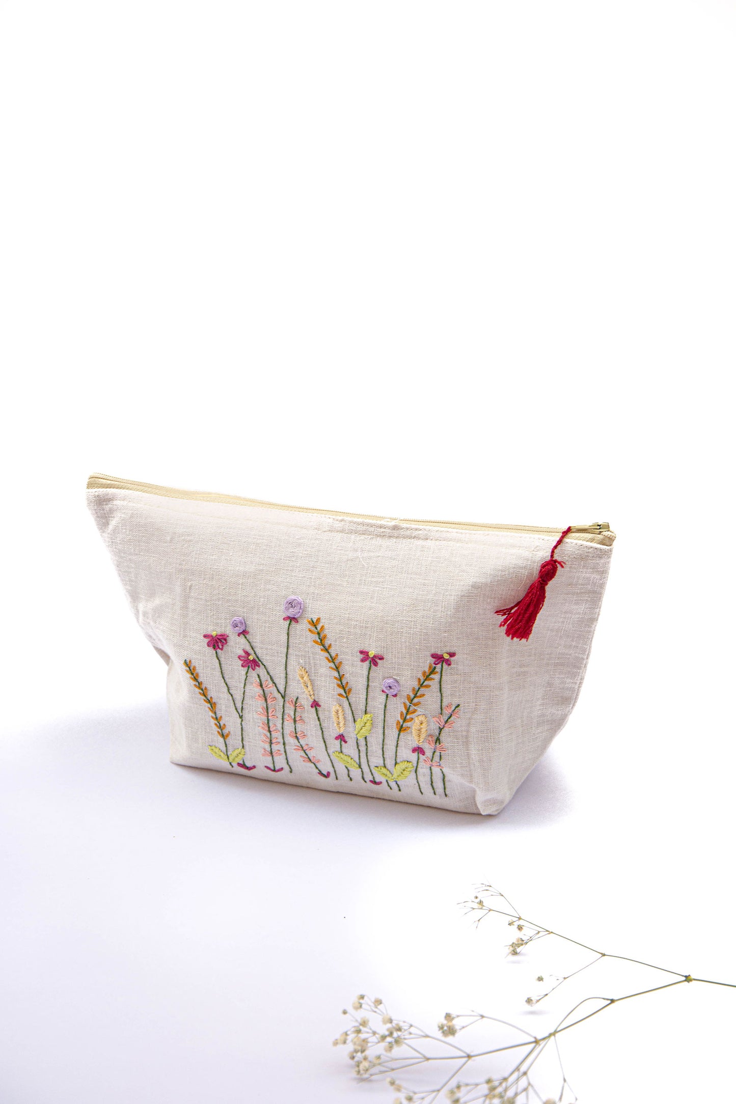 Maroon & Lavender Meadow Embroidery Multi Purpose Big Pouch