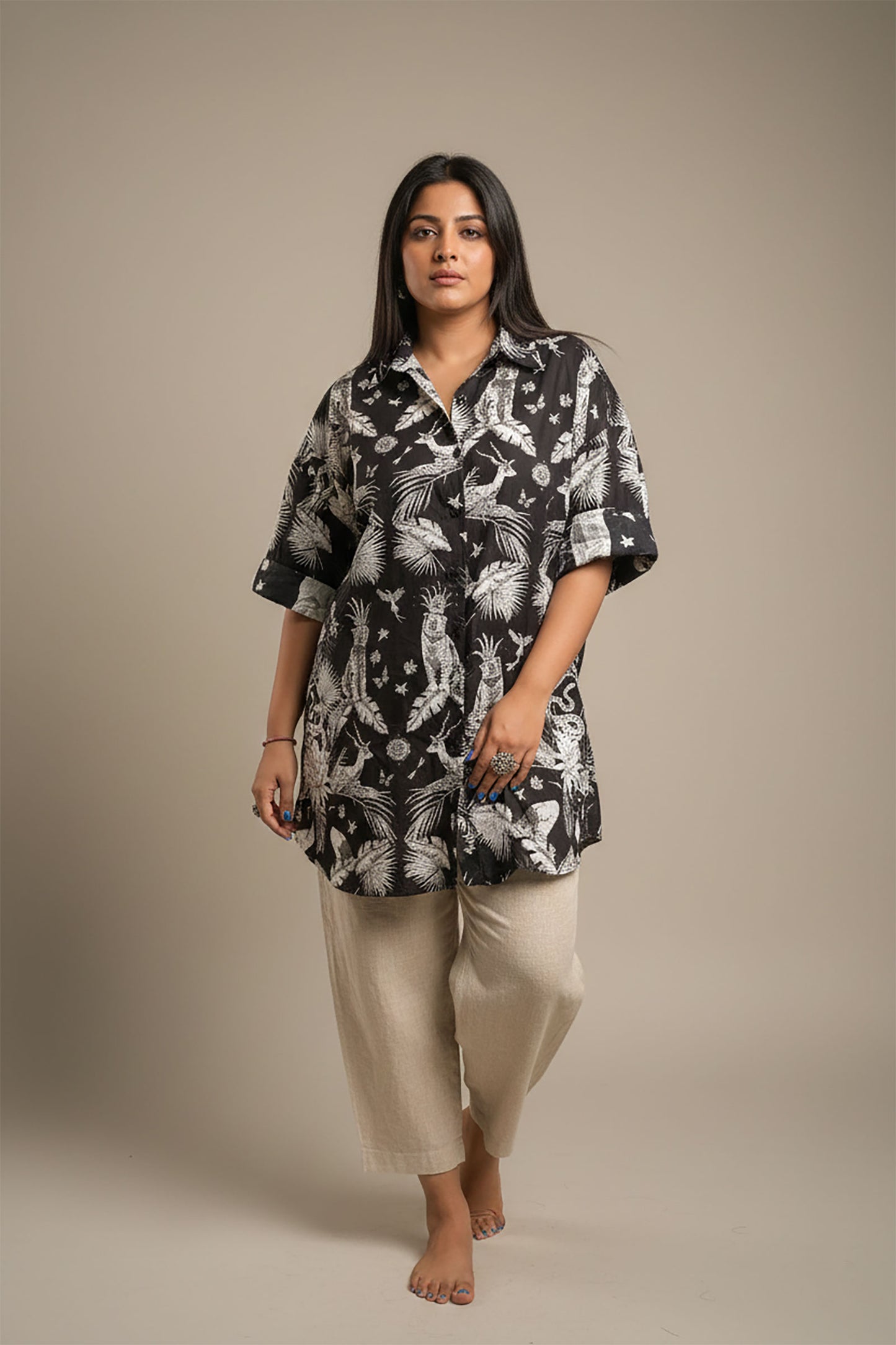 Black Jungle Print Oversized Shirt