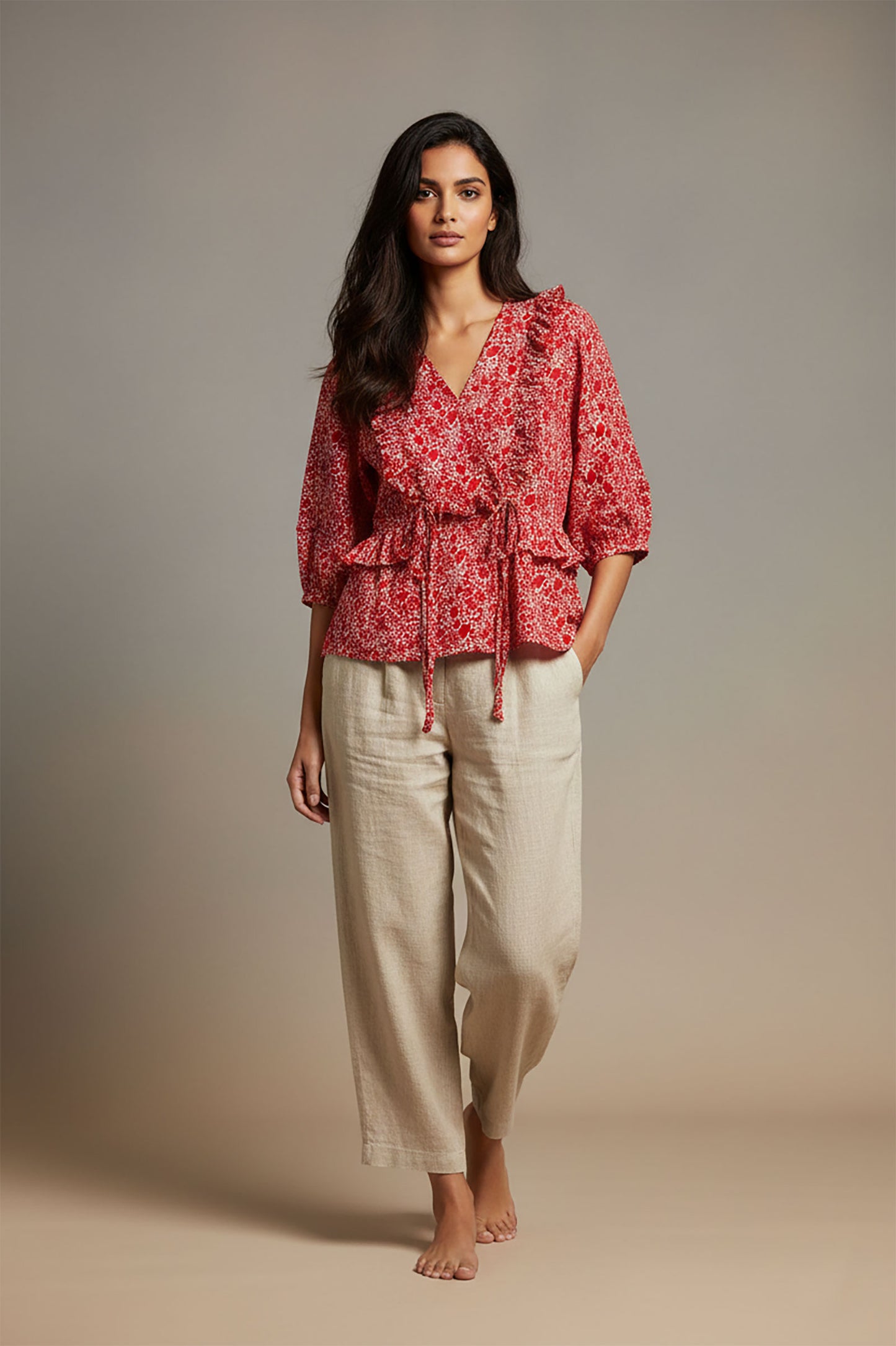 Red Floral Frilled Top