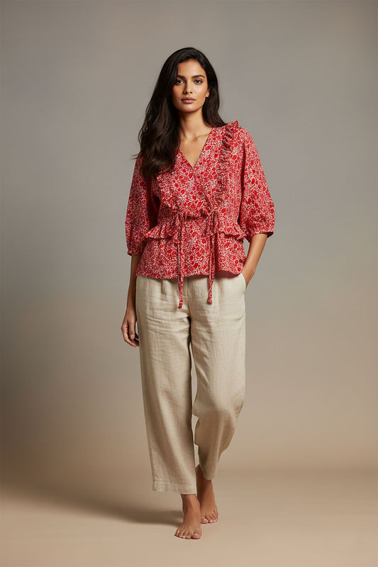 Red Floral Frilled Top