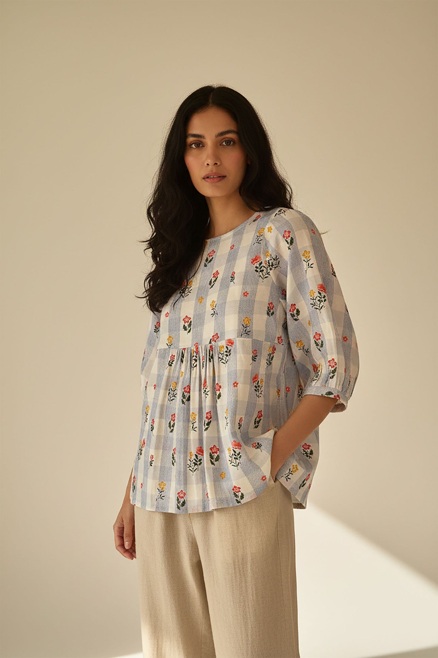 Blue Striped Red Floral Top