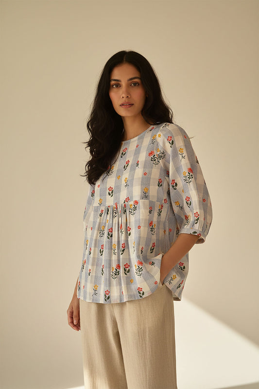 Blue Striped Red Floral Top